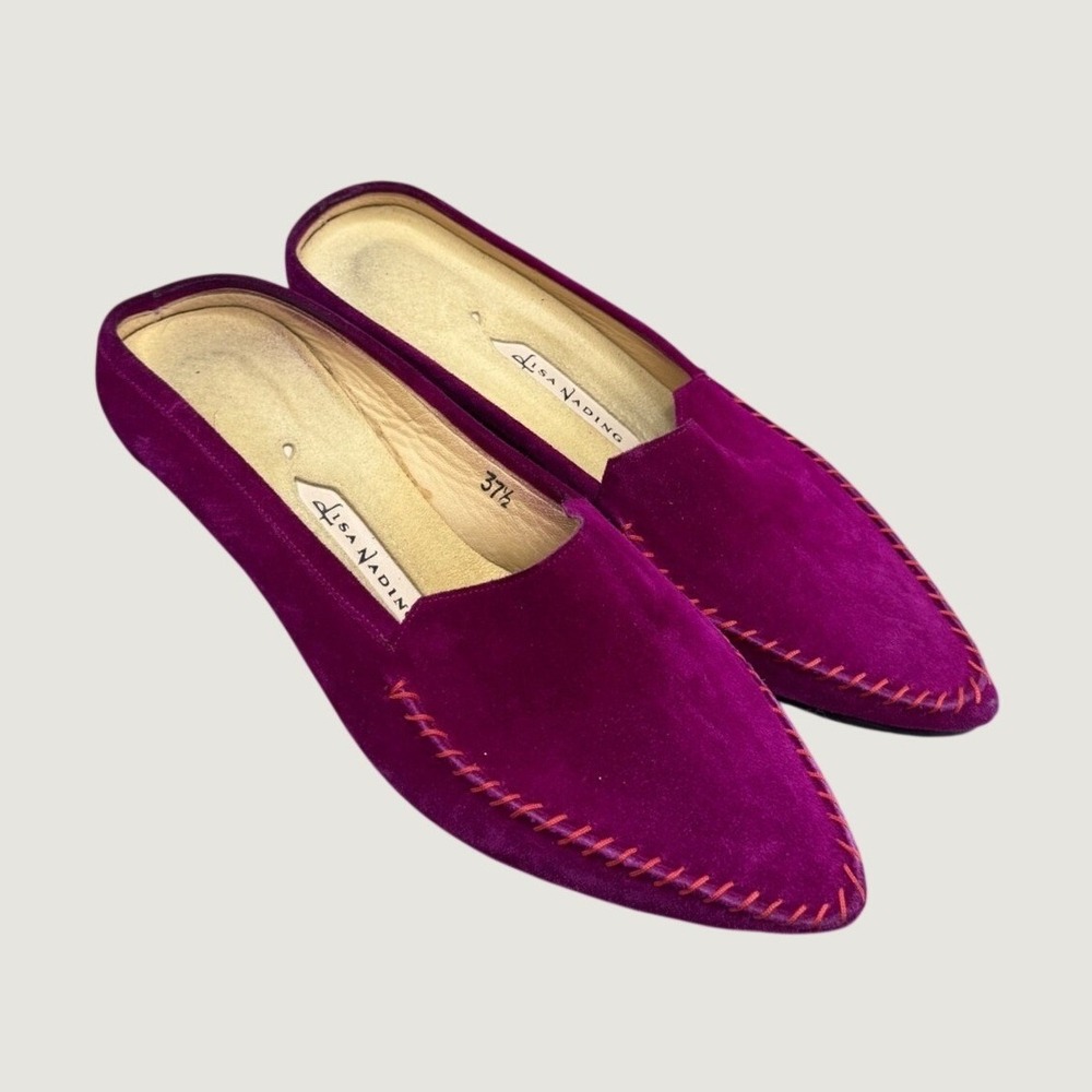 Lisa Nading Suede Mules Womens 37.5 7 Purple Pointed Toe Kitten Heel Whimsygoth
